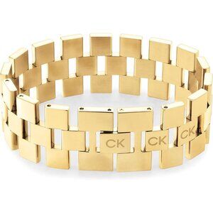Gold Plated Stainless Steel Women's Link Bracelet with Sculpted Grid Pattern, Fo